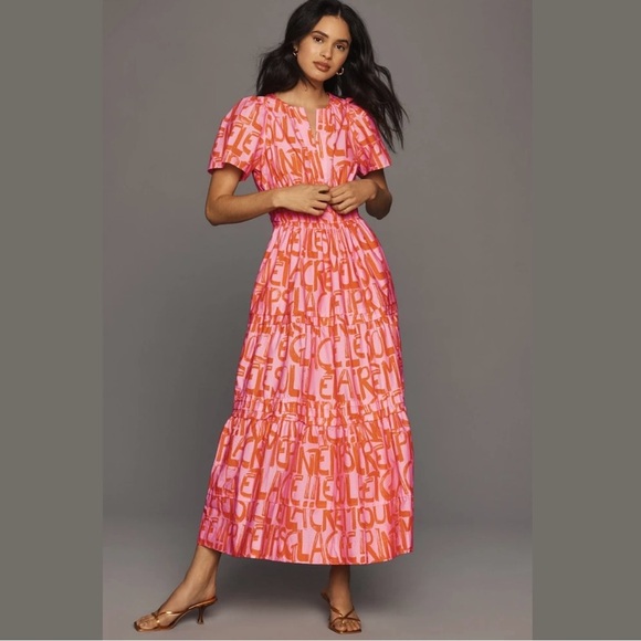 Anthropologie Pink Flutter Sleeve Maxi Dress - Picture 1 of 16